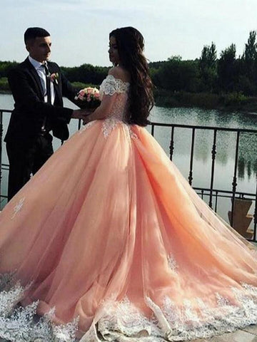 Pink Off-the-Shoulder Appliques Ball Gown Junior Prom Dress JTE433