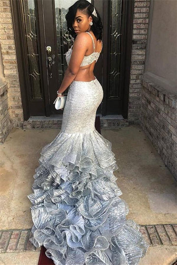 Silver Spaghetti Straps Two Piece Mermaid Evening Gown JTE440