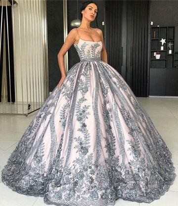 Spaghetti Straps Lace Appliques Ball Luxurious Prom Gown JTE448