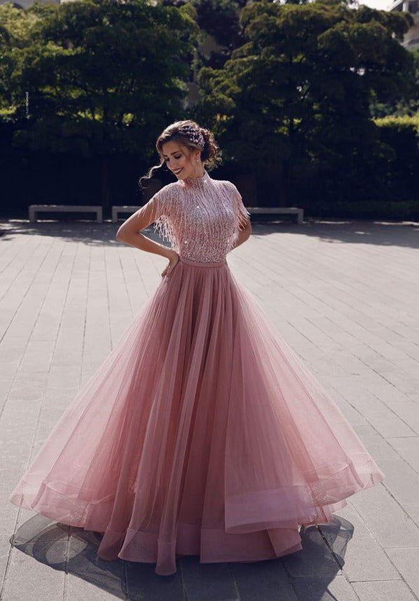 Trendy High Neck Tassel Beading Short Sleeve Blushing Pink Prom Gown J Trendy High Neck Tassel Beading Short Sleeve Blushing Pink Prom Gown J