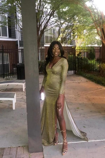 Trendy V-neck Long Sleeves Sexy Slit Plus Size Evening Gown JTE461