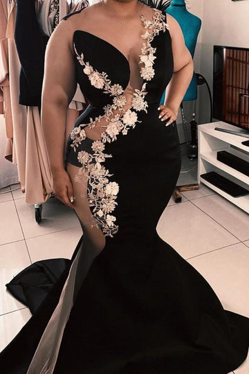 Trendy Plus Size Appliques Mermaid Luxurious Black Evening Gowns JTE474