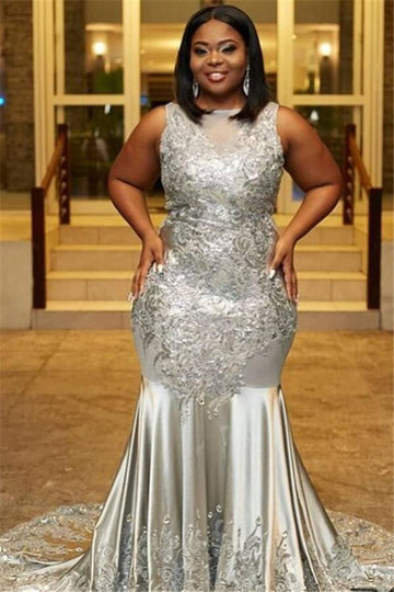 Silver Plus Size Lace Appliques Mermaid Evening Gown JTE480