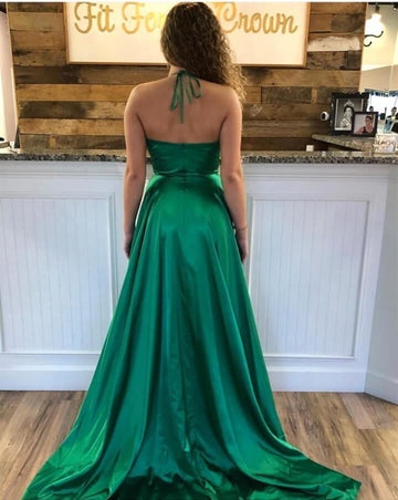 Green Spaghetti Strap High Split V-neck Junior Prom Gown JTE481