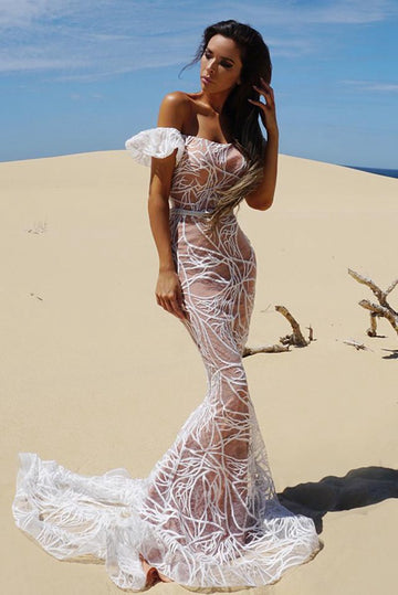 White Off-the-Shoulder Lace Mermaid Evening Gown JTE486