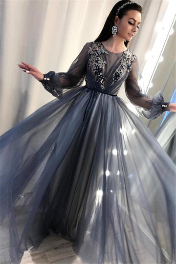 A-Line Long Sleeve Appliques Evening Gown JTE498