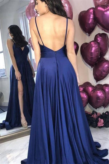 Navy Blue Satin Spaghetti Straps Split Junior Prom Dress JTE500