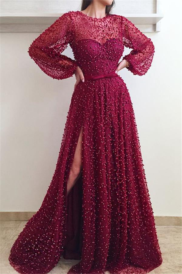 A-line Illusion Scarlet Long Sleeves Side Slit Evening Dress JTE503 A-line Illusion Scarlet Long Sleeves Side Slit Evening Dress JTE503