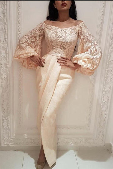 Lace Off-the-Shoulder Long Pagoda Sleeves Slit Sheath Prom Gown JTE513