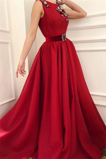 A-line Burgundy Satin Beading Prom Gown JTE514