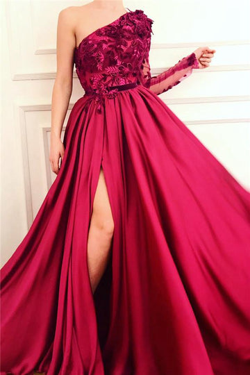 One Shoulder Front Slit Burgundy Prom One Sleeve Prom Gown JTE515