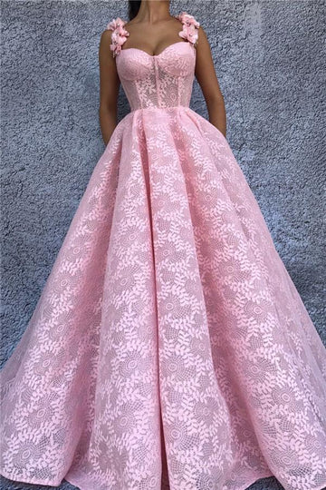 Trendy Sweetheart Applique Straps Pink Prom Gown JTE518