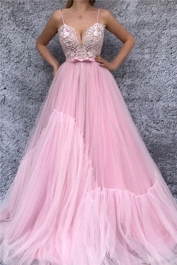 Trendy Princess Spaghetti Straps V-neck Pink Prom Gown JTE519