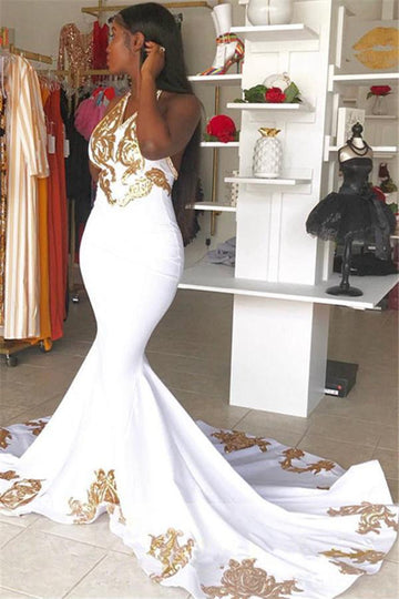 White Halter V-Neck Gold Lace Appliques Mermaid Evening Gown JTE525