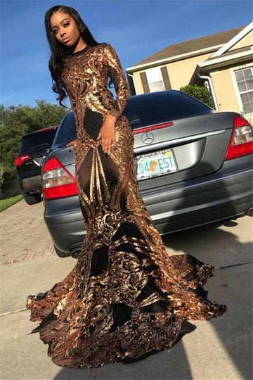 Trendy Gold Lace Appliques Black Long Sleeve Mermaid Evening Gowns JTE532