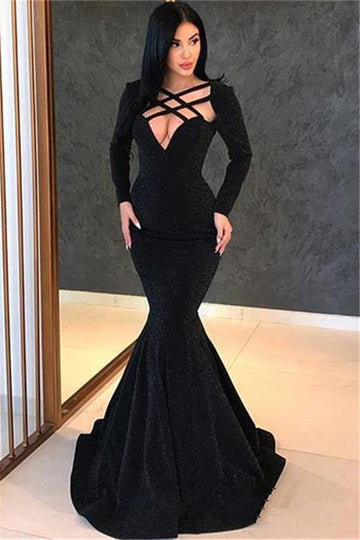 Trendy Black Long Sleeve Sweep Train Mermaid Evening Gowns JTE539