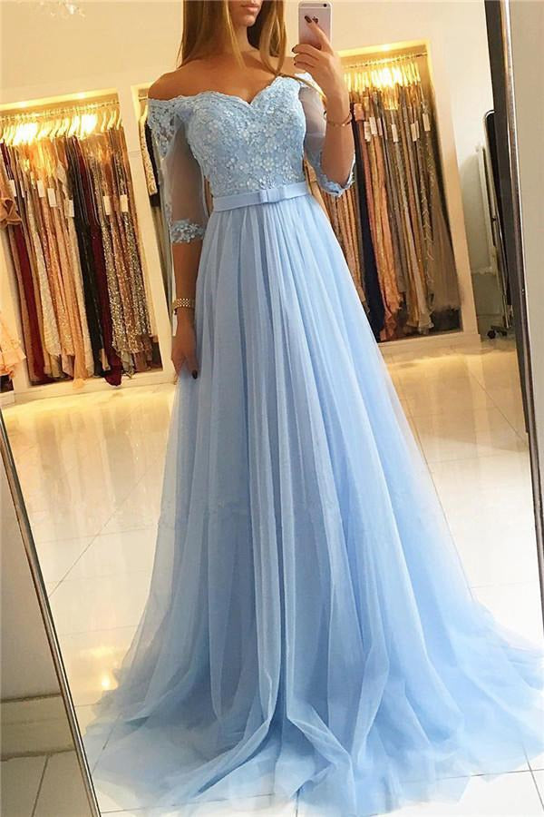 Junior Sky Blue Off-the-Shoulder Half Sleeve Lace Appliques Prom Gowns Junior Sky Blue Off-the-Shoulder Half Sleeve Lace Appliques Prom Gowns