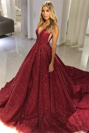 Trendy Princess Burgundy Straps Bing-Bling V-Neck Prom Gown JTE557