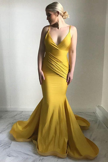 Trendy Plus Size Yellow Straps V-Neck Mermaid Evening Gown JTE561