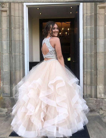 Trendy Princess Pink Sequins Top Sheer Junior Ruffle Two Piece Prom Gown JTE566