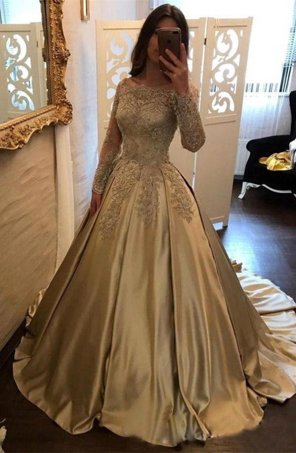 Champagne Princess Satin Long Sleeve Lace Appliques Prom Gown JTE572 Champagne Princess Satin Long Sleeve Lace Appliques Prom Gown JTE572