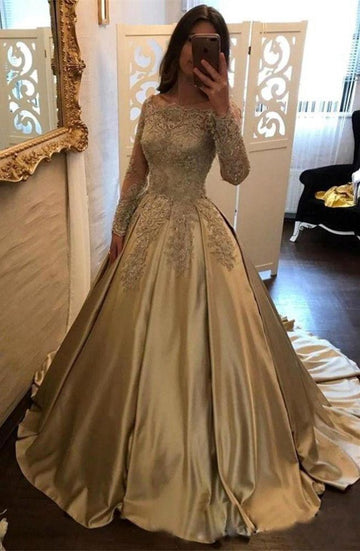 Champagne Princess Satin Long Sleeve Lace Appliques Prom Gown JTE572