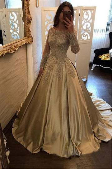 Champagne Princess Satin Long Sleeve Lace Appliques Prom Gown JTE572