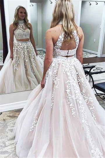 Junior Pink High Neck Two Piece Lace Applique Prom Gown JTE575