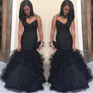 Trendy Black Sequin Straps Junior Mermaid Evening Gown JTE577