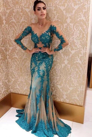 Trendy Illusion Long Sleeve Blue Lace Appliques Mermaid Evening Gown JTE583