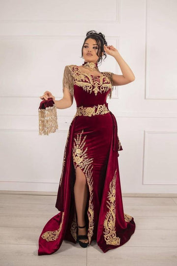 Trendy Velvet Burgundy Tassel Gold Appliques Mermaid Evening Gown JTE587