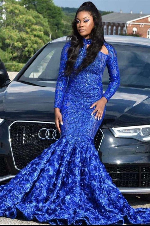 Trendy Blue Long Sleeves 3D Floral Print Mermaid Evening Gown JTE589 Trendy Blue Long Sleeves 3D Floral Print Mermaid Evening Gown JTE589