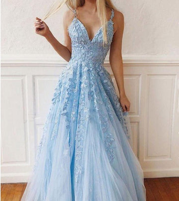 Trendy A Line Sky Blue Lace Deep V-neck Evening Gown JTE602