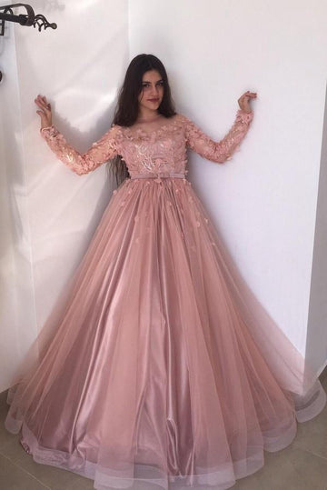 Trendy Long Sleeve Lace Appliques Dusty Pink Ball Gown Prom Gown JTE603