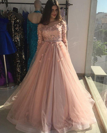 Trendy Long Sleeve Lace Appliques Dusty Pink Ball Gown Prom Gown JTE603