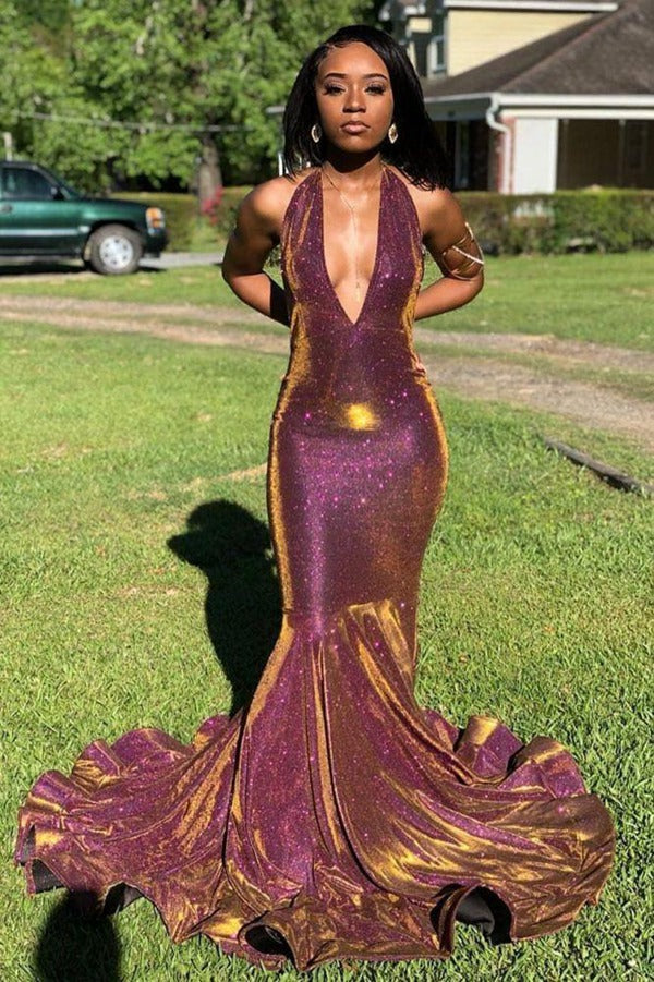 Trendy Sexy V neck Sparkle Purple Mermaid Evening Gown JTE606