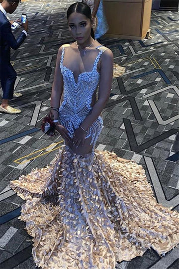Trendy Champagne Sparkling Crystal Appliques Straps Mermaid Evening Gown JTE600