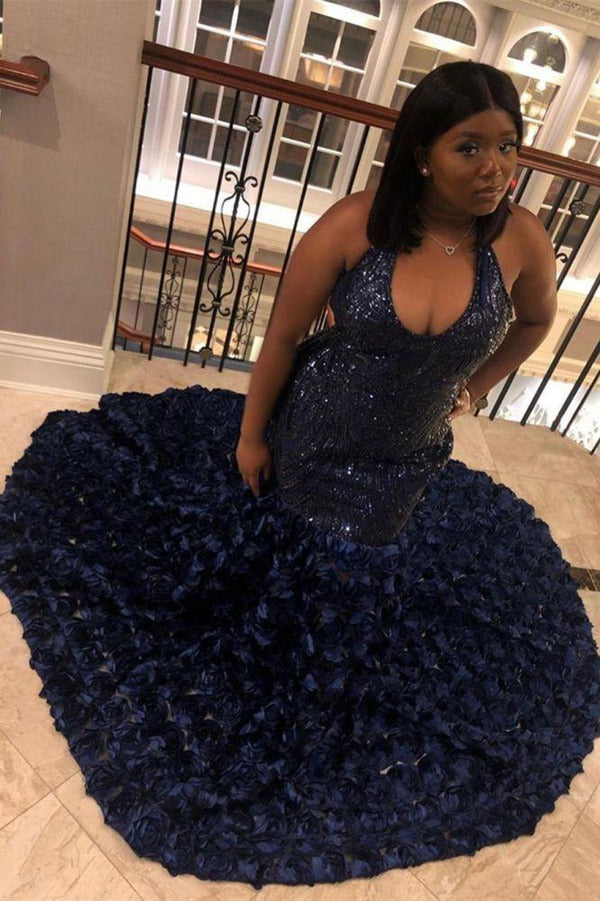 Trendy Plus Size Halter Navy Sweep Train Mermaid Evening Gown JTE612 Trendy Plus Size Halter Navy Sweep Train Mermaid Evening Gown JTE612