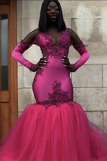Trendy Plus Size Deep V-neck Long Sleeve Mermaid Evening Gown JTE613