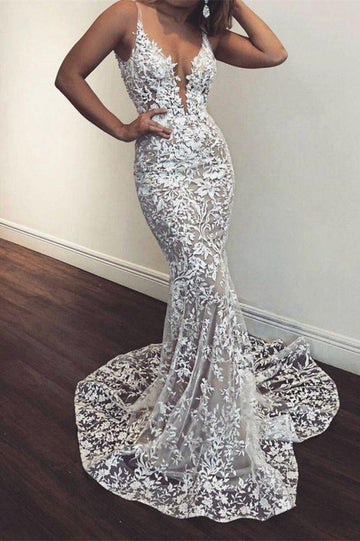 Trendy Lace Straps Sweep Train Mermaid Wedding Gown TWA264