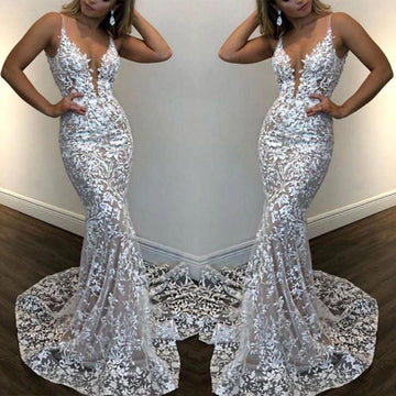 Trendy Lace Straps Sweep Train Mermaid Wedding Gown TWA264