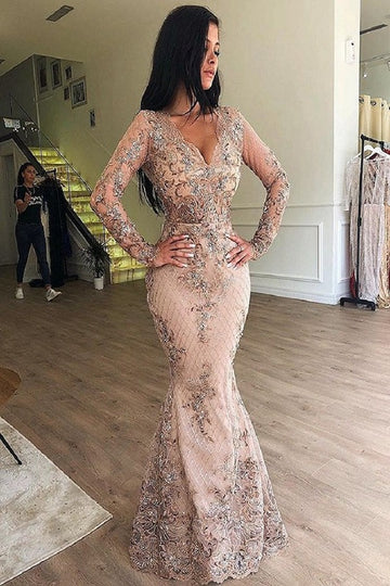 Trendy Champagne Long Sleeve Detachable Overskirt Mermaid Evening Gown JTE617