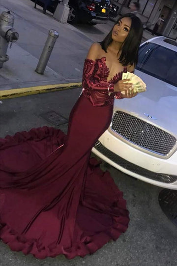 Trendy Burgundy Long Sleeve Mermaid Evening Gown JTE618