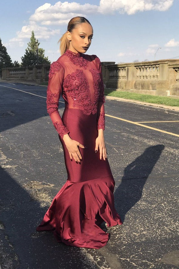 burgundy long sleeve mermaid prom dress Burgundy Sequin Mermaid Gown: Floral Lace Appliqu Evening Dress