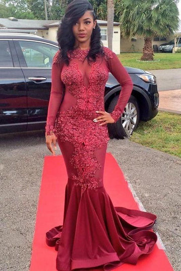 Trendy Burgundy Long Sleeve High Neck Lace Beading Mermaid Evening Gown JTE623