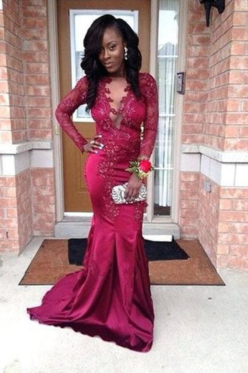 Trendy Burgundy Long Sleeve Plus Lace Mermaid Evening Gown JTE624