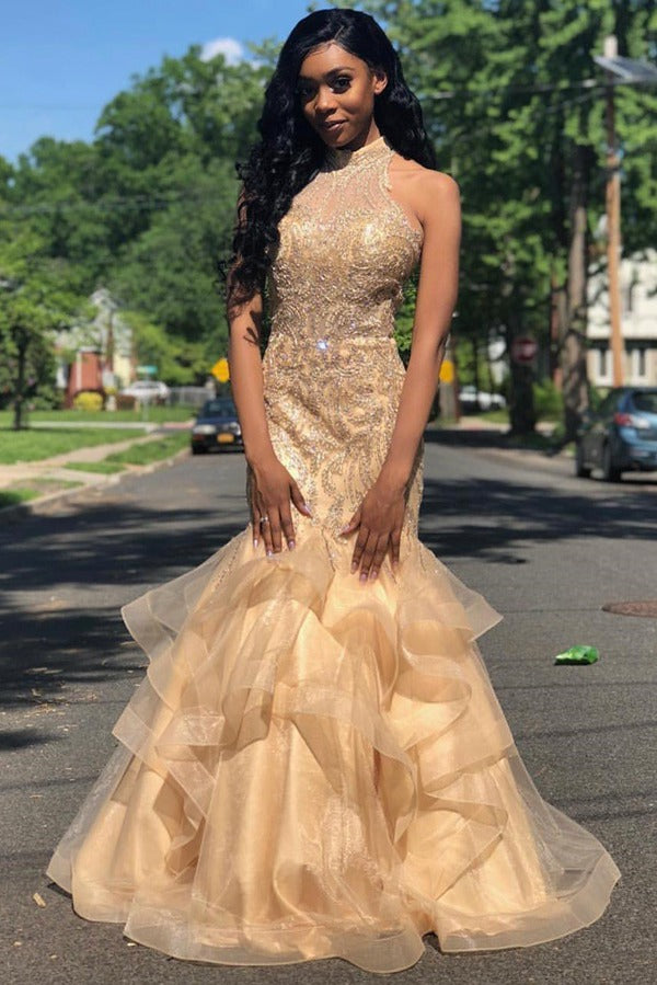 Champagne High Neck Beading Mermaid Prom Gown JTE628 Champagne High Neck Beading Mermaid Prom Gown JTE628