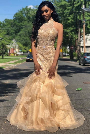 Champagne High Neck Beading Mermaid Prom Gown JTE628