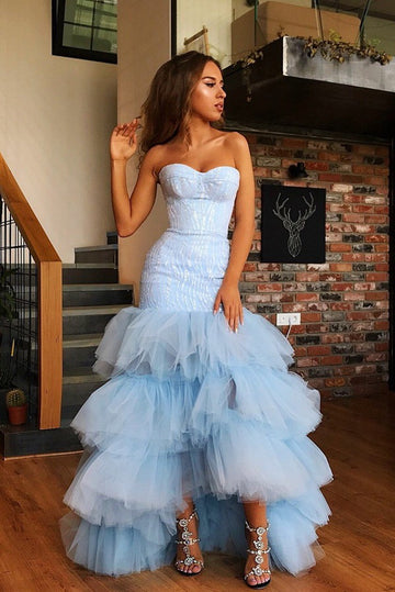 Trendy Sky Blue Sweetheart Portrait Ruffles Mermaid Prom Gown JTE632