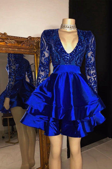 Royal Blue Long Sleeves V neck Short Prom Dress JTRE001